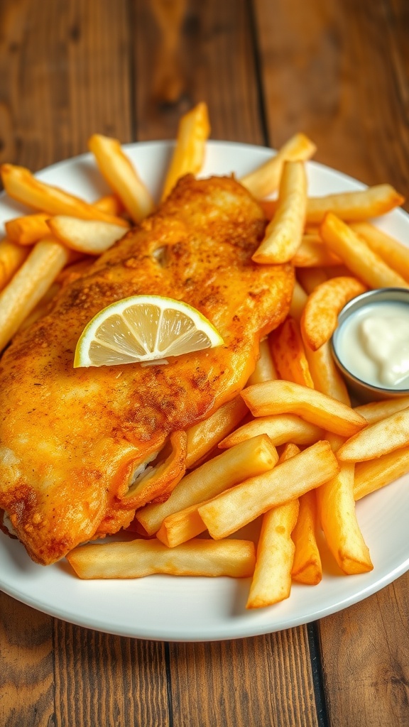 Crispy tilapia fish fillets with golden chips and tartar sauce on a rustic table.